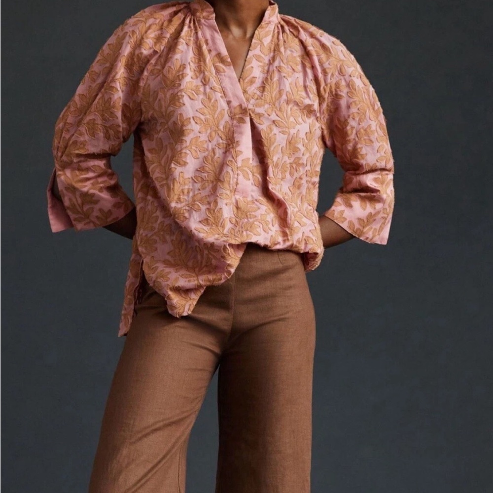 Anthropologie Pink and Brown Embroidered Blouse